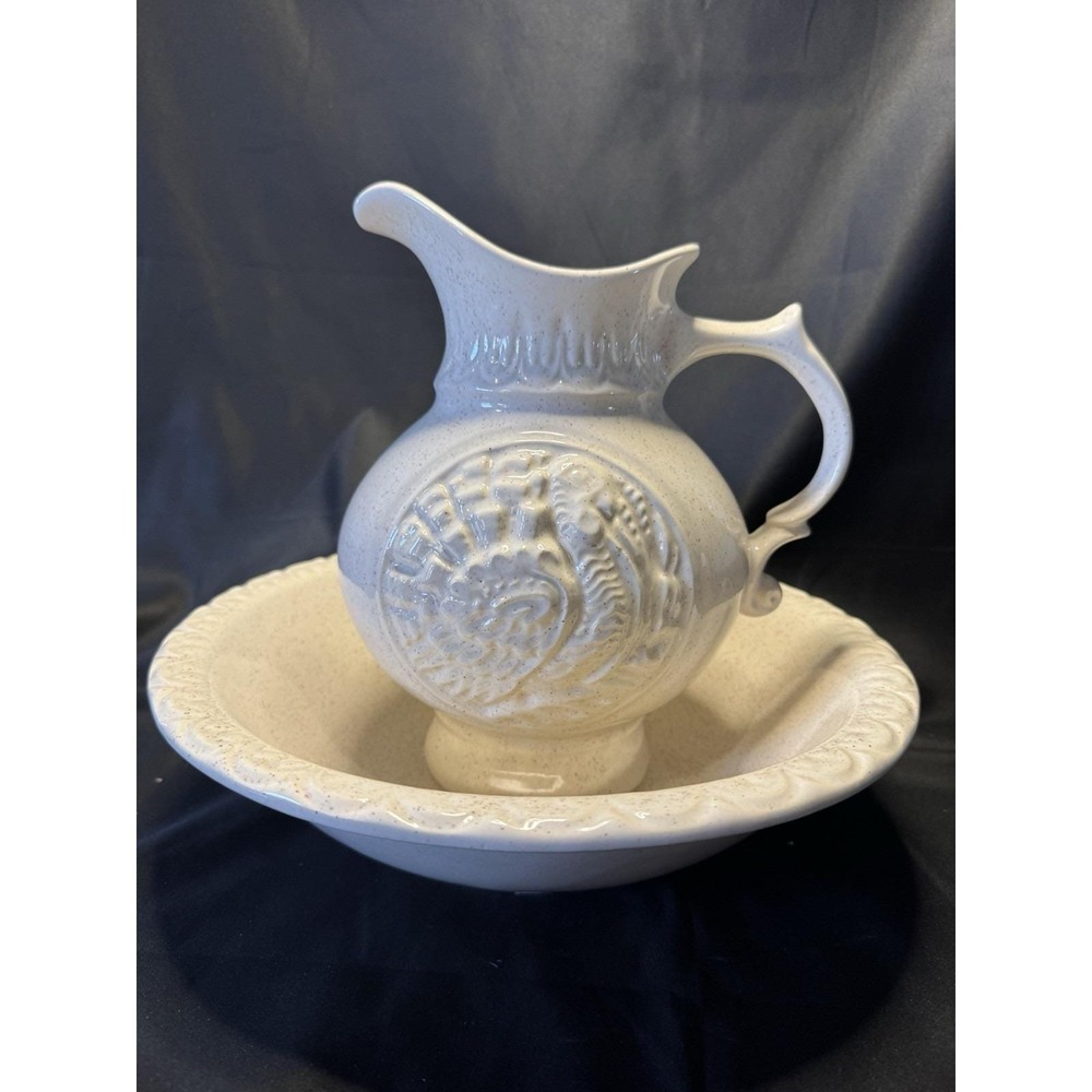 McCoy 1960's Turkey Ceramic Pitcher & Bowl Cream With Brown Speckles USA